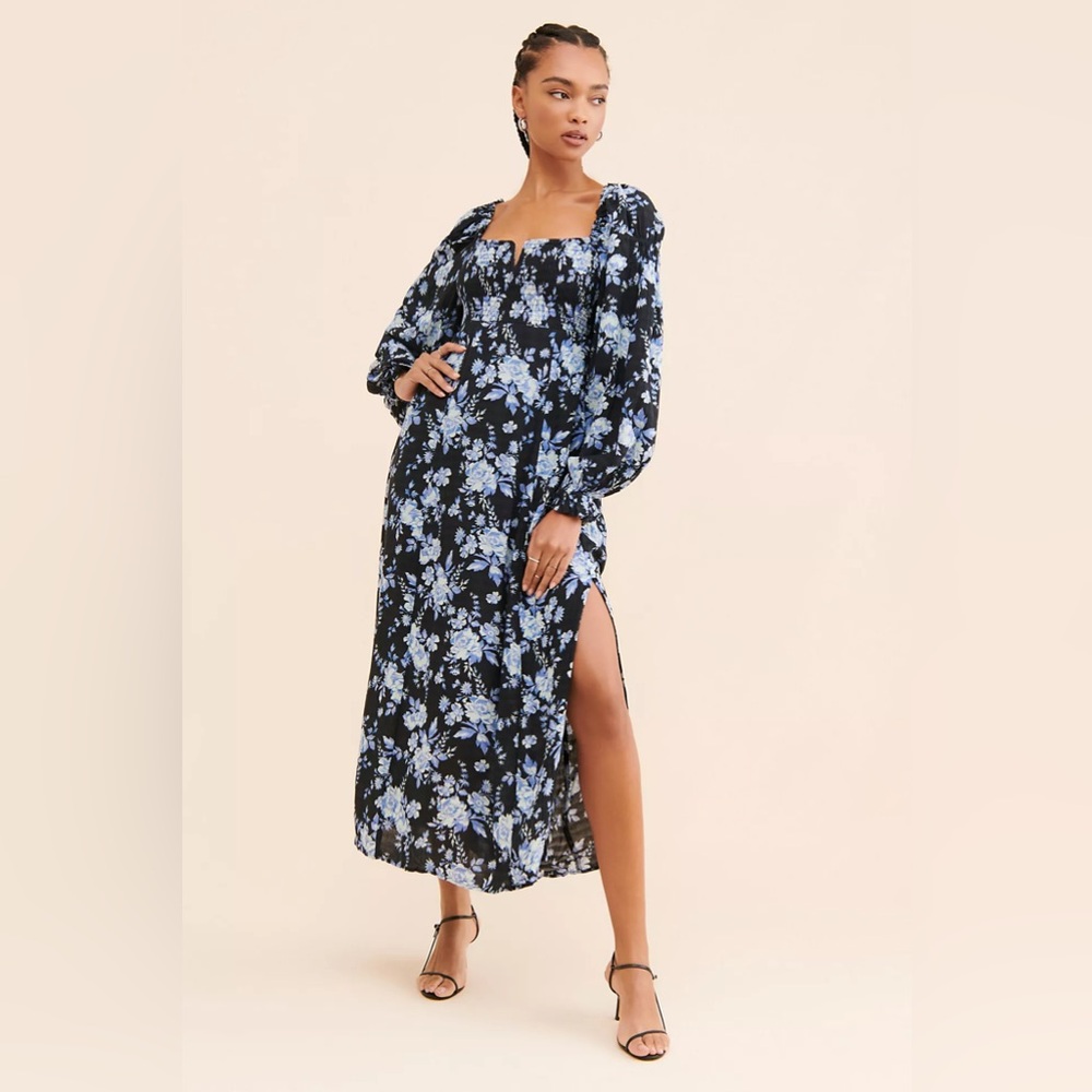 Free People Black Jaymes Maxi Dress with Blue Floral Print and Smocked Back